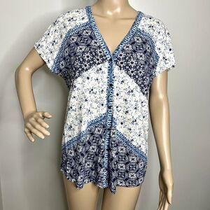Lucky Brand Linen Floral Patterned Bali Knit Top